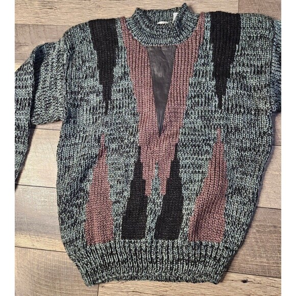 Pacific Club Vintage Sweater Black and Gray Brown w/ Leather accent - Picture 2 of 6